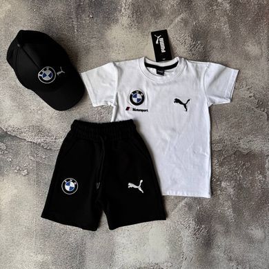 Летний костюм для мальчика BMW 🚗 | Футболка + шорты + кепка 🧢 | Хлопок, Турция Размер 104 см, 146 см