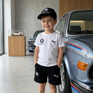 Летний костюм для мальчика BMW 🚗 | Футболка + шорты + кепка 🧢 | Хлопок, Турция Размер 104 см, 146 см